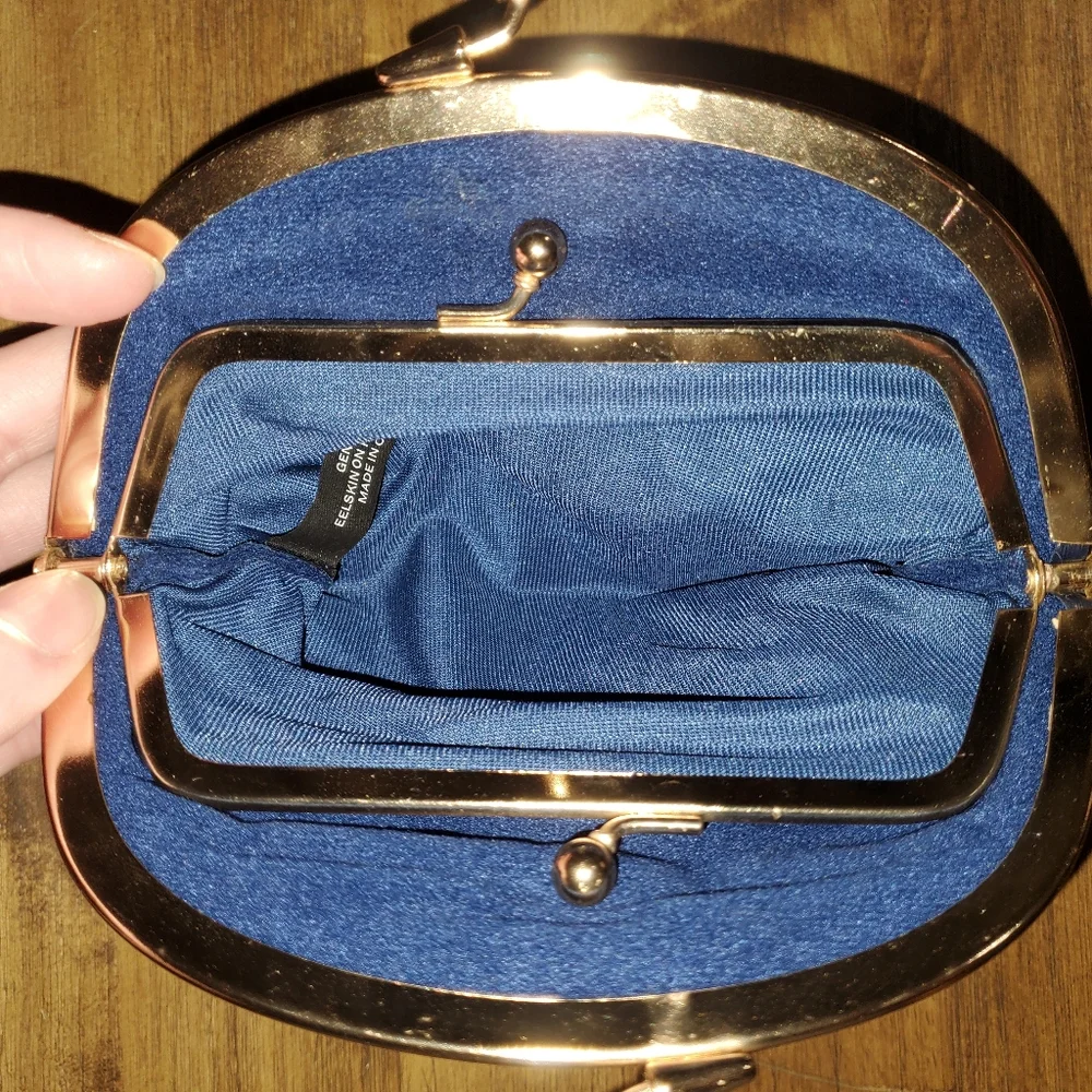 New Women's Eel Skin Double Kisslock Ball Clasp Coin Purse Wallet - Navy Blue